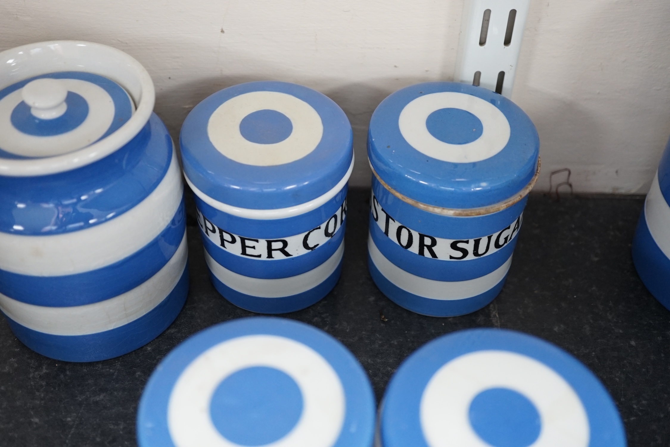 T.G.Green Cornish Kitchenware, seventeen small lidded storage jars to include Boracic Acid, Ginger, Mace, Cherries and Herbs, largest 11cm high, Green Church marks. Condition - fair to good
